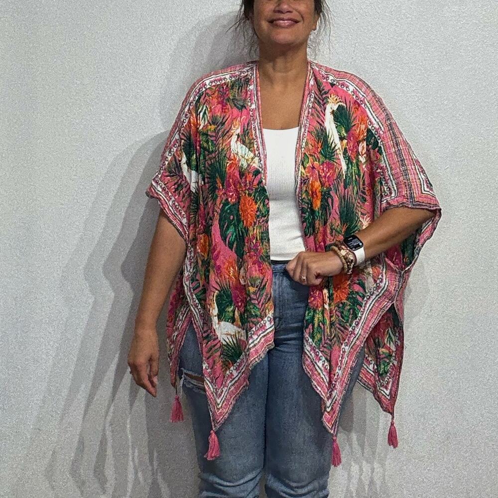 Nine West Pink Metallic Floral Open Front Kimono Sz O/S
